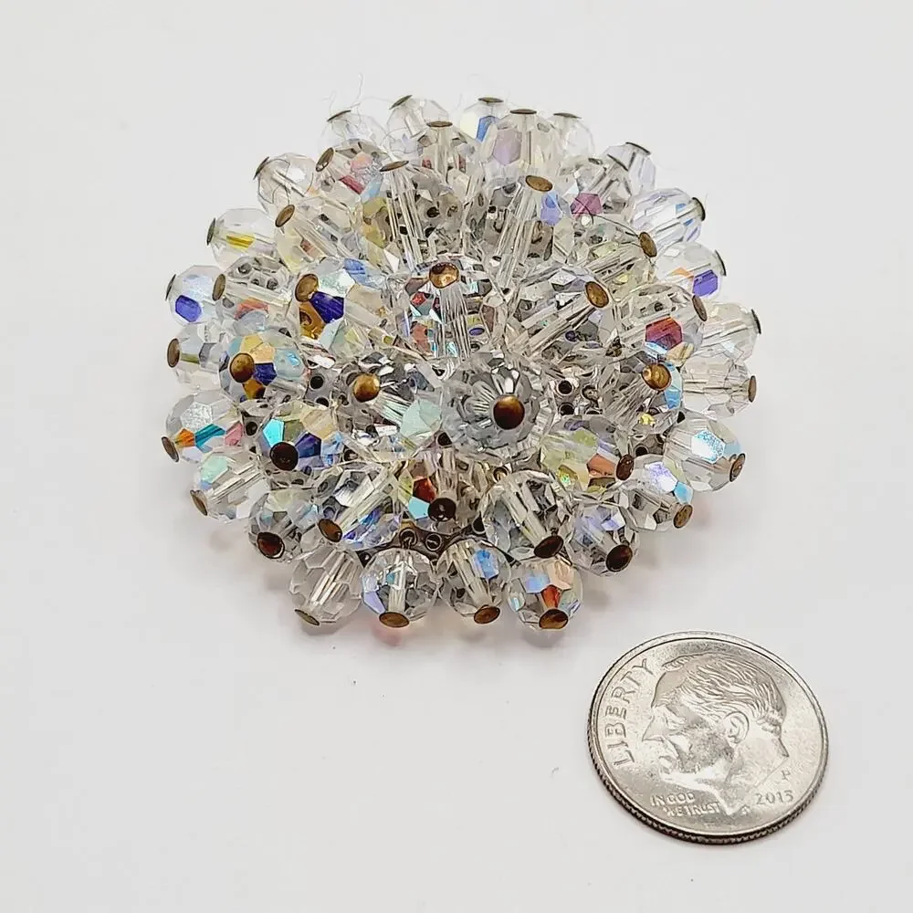 Vintage AB Crystal Beaded Brooch Clear Aurora Borealis Round 2 Inch 1960s